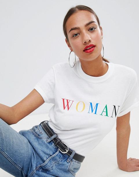 "boohoo - T-shirt Con Scritta "woman" Arcobaleno" - Bianco