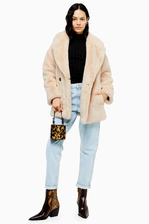 Womens Cream Soft Faux Fur Double Breasted Coat - Cream, Cream