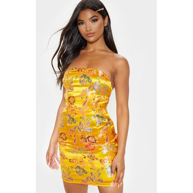 mustard oriental satin bandeau lace up back bodycon dress