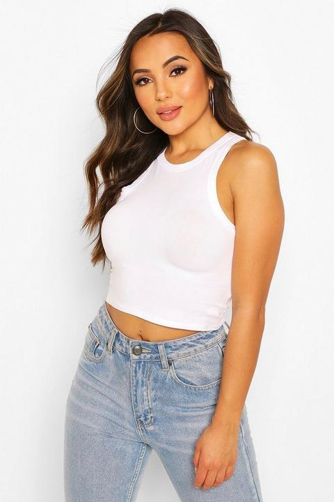 Womens Petite Racer Cotton Crop Top - White - 12, White