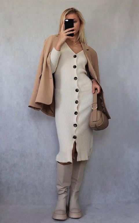 Molly Knitted Button Down Maxi Dress In Beige