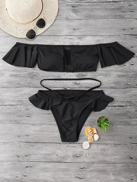 Mesh Panel Off Shoulder Ruffles Bikini