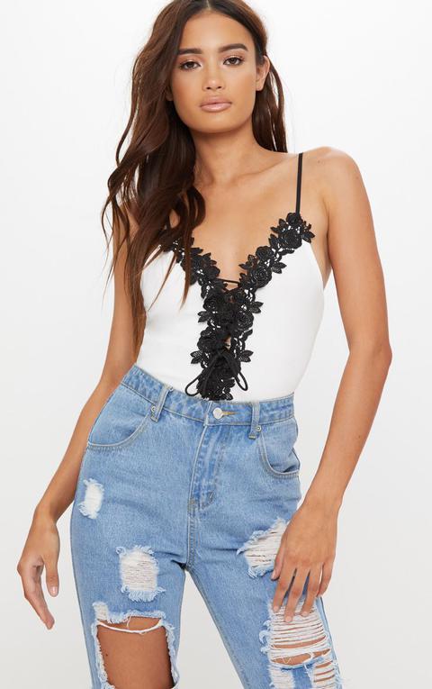 White Crochet Lace Up Detail Thong Bodysuit