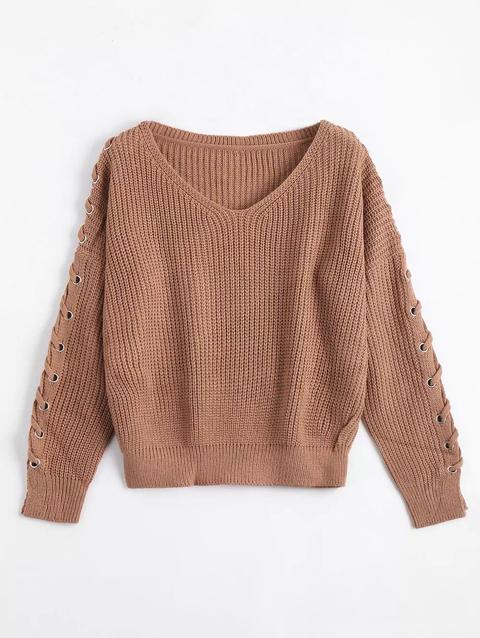 Maglione A Maniche Con Lacci Con Scollo A V Grey White Black Light Apricot Pink Coffee