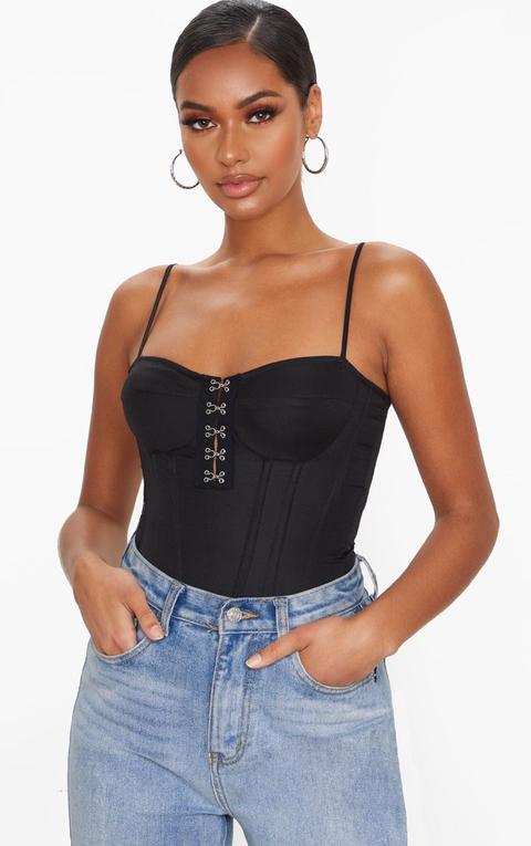 Black Woven Hook And Eye Structured Corset Long Top