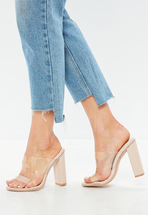 Nude Chain Trim Clear Heeled Mules, Beige