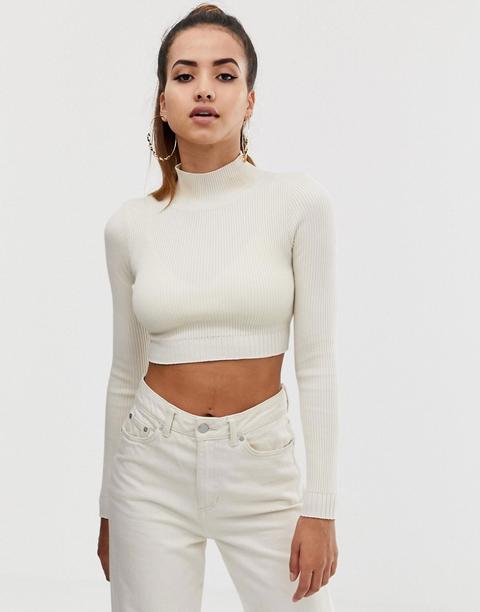 Missguided - Haut Court À Encolure Haute En Maille Côtelée - Sable - Beige