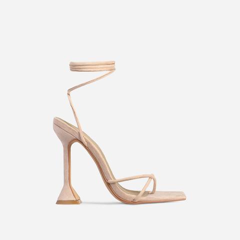Emily Square Toe Lace Up Sculptured Heel In Nude Faux Suede, Nude