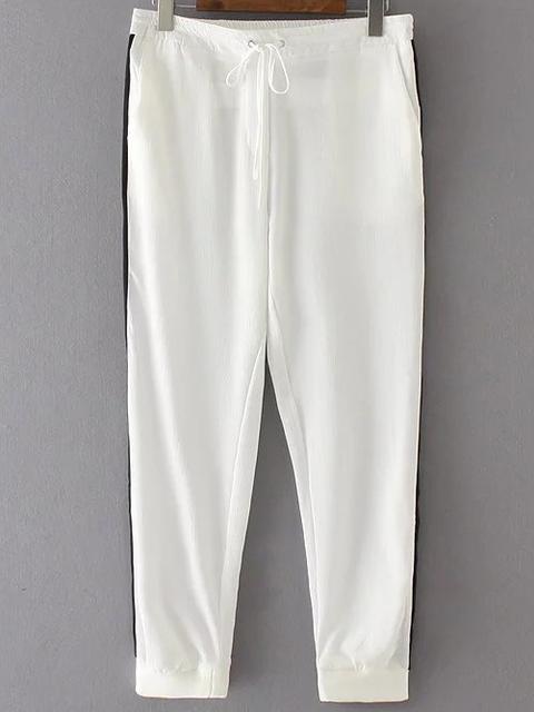 White Color Block Drawstring Waist Pants