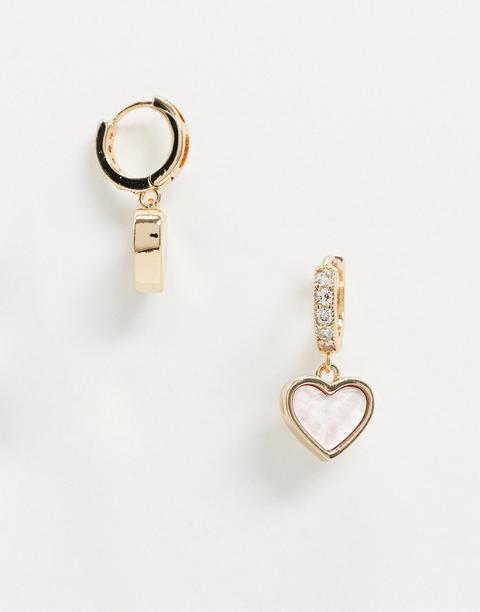 Asos Design Crystal Hoop Earrings With Pink Heart Charm In Gold Tone