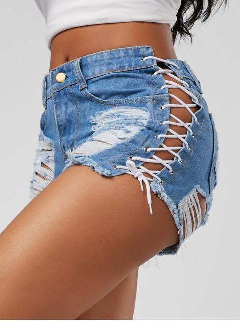 Mediados De Cintura Encaje Hasta Ripped Denim Shorts Denim Blue Black