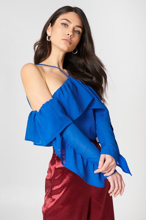 A-neck Frill Sleeve Blouse Blau