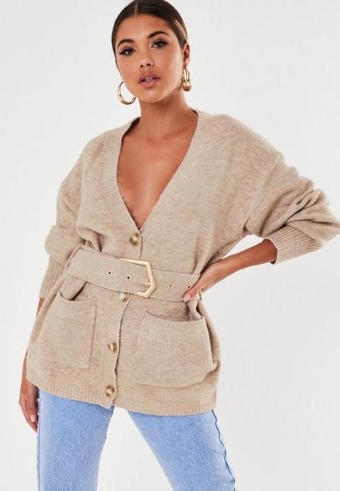 Petite Stone Belted Long Slouchy Cardigan, Stone