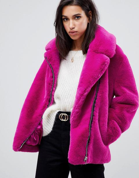 Asos Design - Cappotto Biker In Pelliccia Sintetica - Rosa