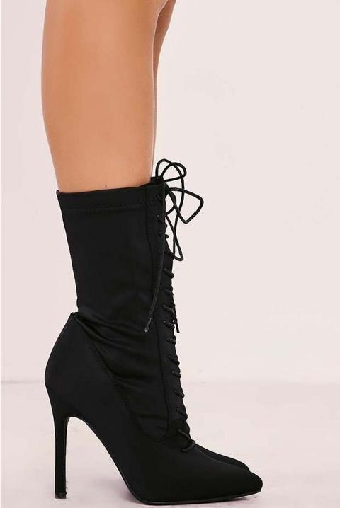 Stassi Black Lace Up Heeled Sock Boots