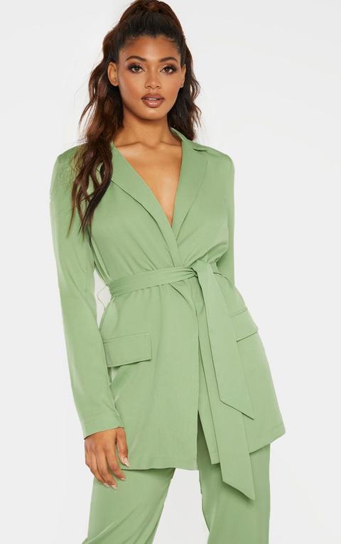 Tall - Veste De Tailleur Vert Sauge À Taille Nouée, Vert Sauge