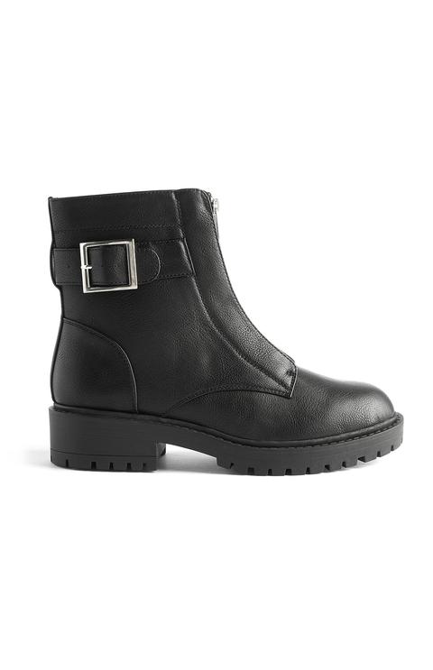 Vegan Front Zip Black Faux Level Buckled Boot