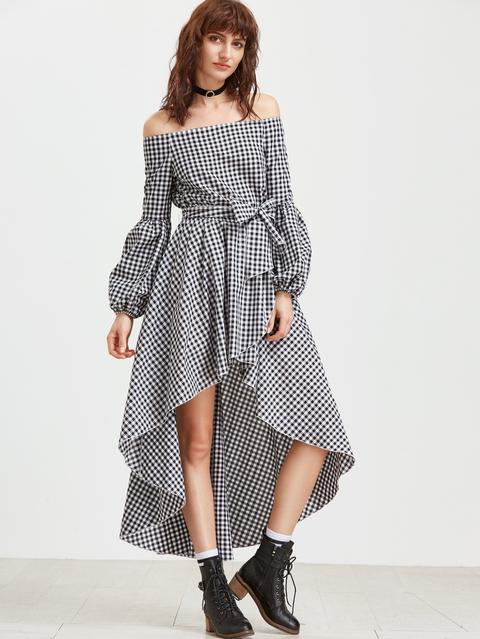 Vestido Asimétrico Con Hombro Al Aire Negro Blanco