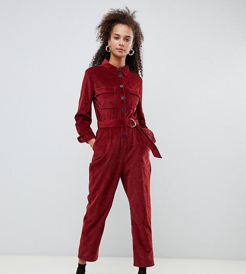 Bershka Cord Utility Jumpsuit-red