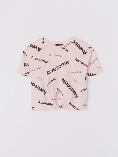 T-shirt Crop Con Scritte Rosa