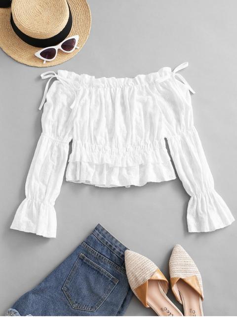 Blusa Con Volantes De Hombro Descubierto Con Bordado White