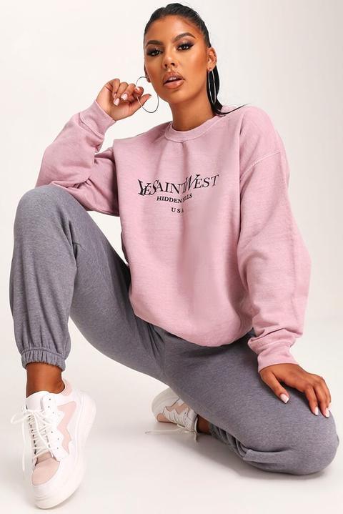 Pink Ye Saint Slogan Oversized Crew Neck Sweatshirt , Pink