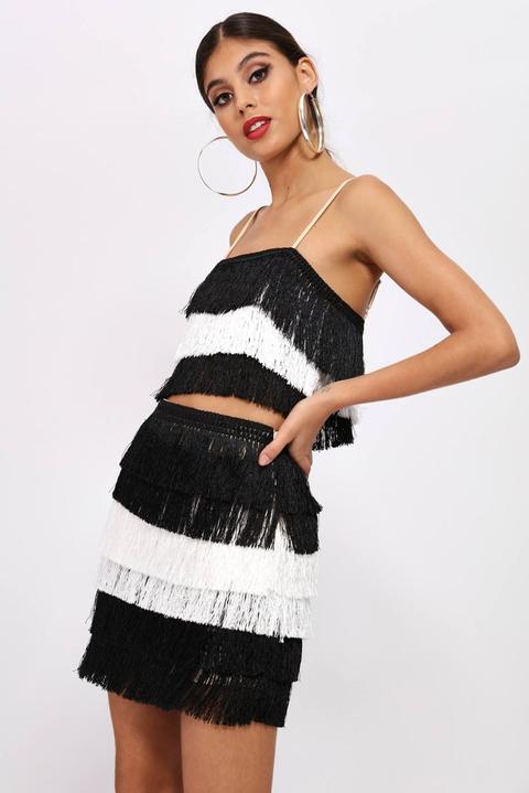 White/black Fringe Crop Top