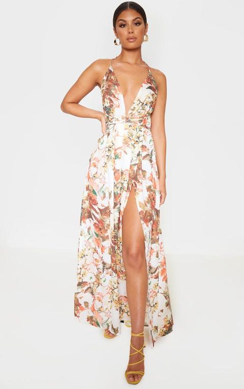 White Floral Print Chiffon Halterneck Maxi Dress