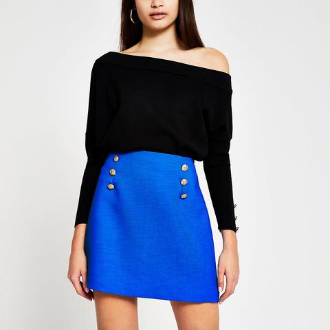 Blue Button Front Short Skirt