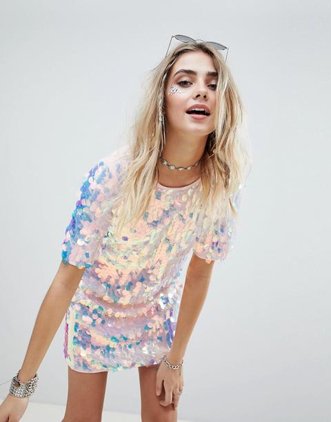 Prettylittlething - Vestito T-shirt Con Paillettes - Rosa