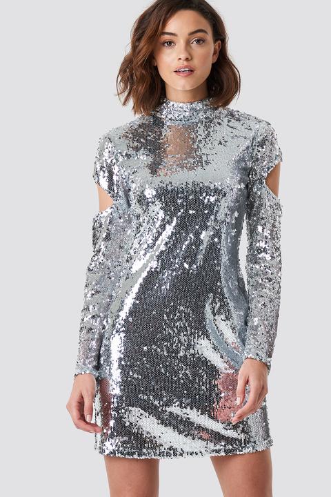 Na-kd Party High Neck Cut Out Sleeve Sequin Dress - Silver