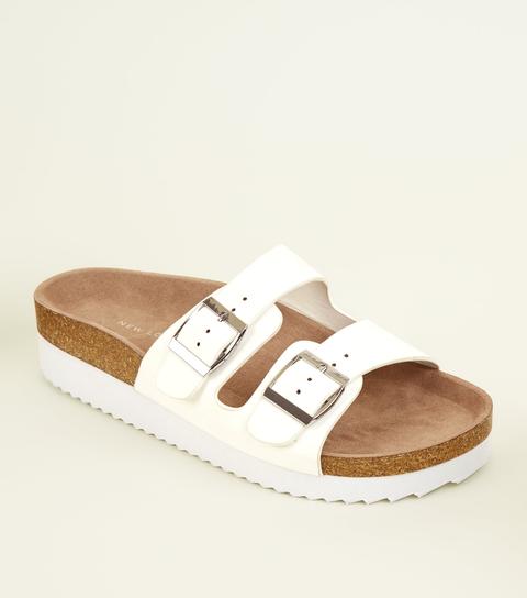 Wide Fit White Leather-look Footbed Sliders New Look