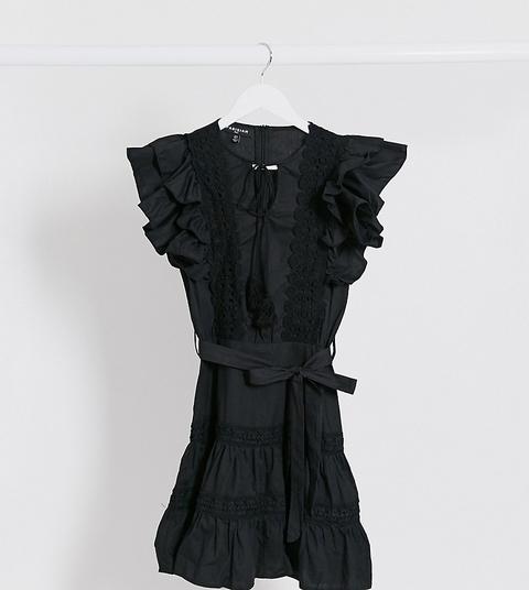 Parisian Tall Frill Sleeve Lace Trim Mini Dress In Black