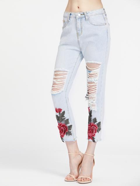 Ladder Ripped Appliques Raw Hem Capri Jeans