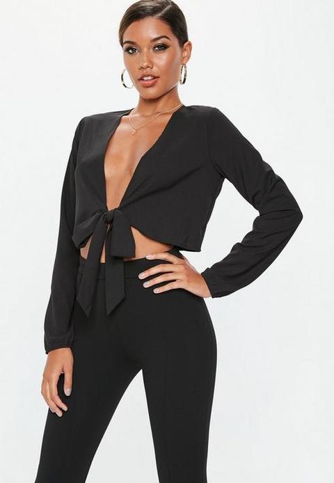 Black Tie Front Crop Top, Black