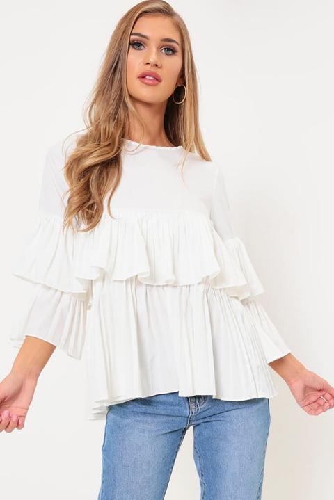 White Pleated Long Sleeve Top