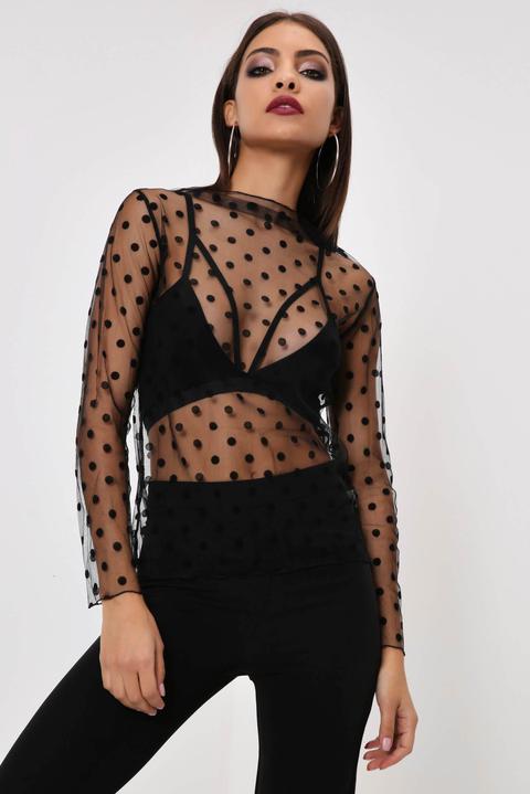 polka dot black mesh top