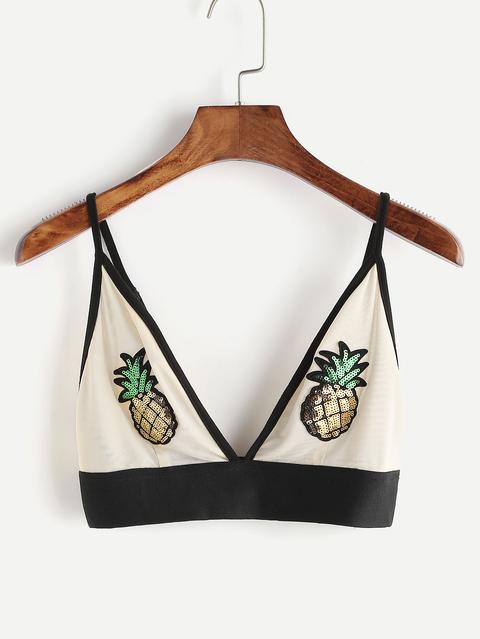 Reggiseno Con Contrasto Patch Di Ananas Assetto Con Paillettes Beige