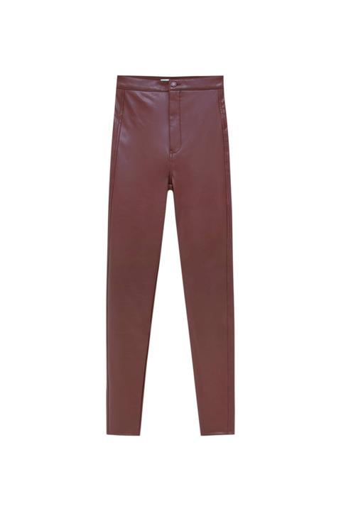 Pull&bear Femme Pantalon Skinny En Similicuir, Taille Haute, Fermeture Éclair, Bouton Et Poches Arrière. Burgundy 36