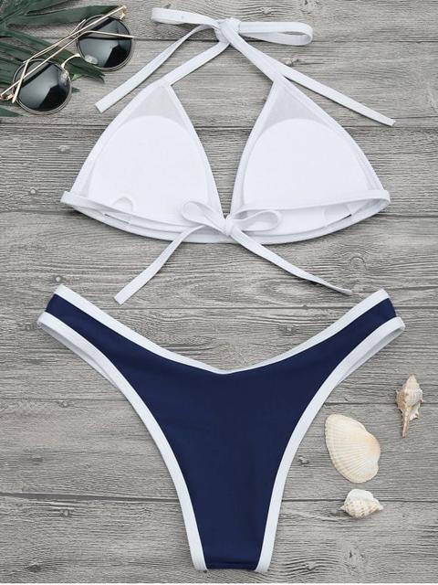 high cut contrast piping bikini set