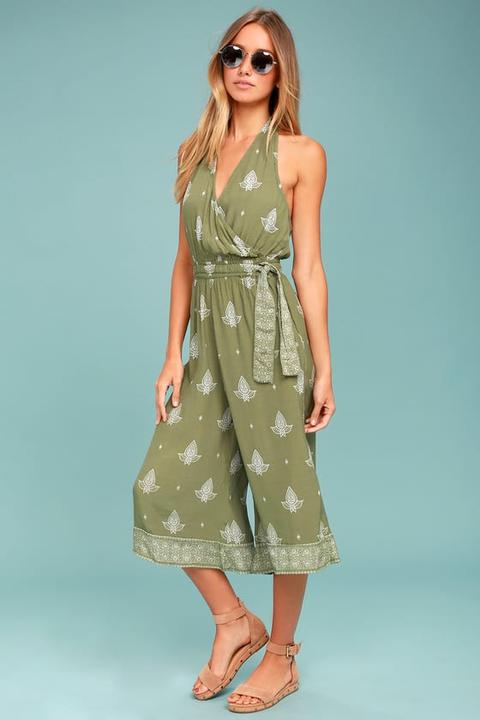 Faithfull The Brand Lima Sage Green Print Halter Midi Jumpsuit