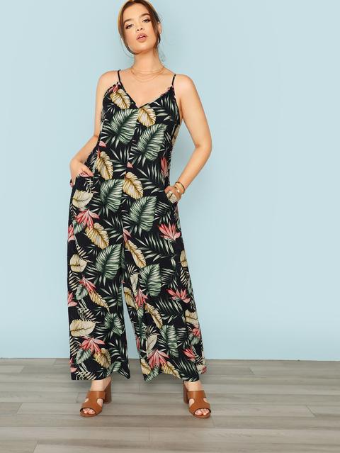 Mono De Tirante De Pierna Ancha Con Estampado Tropical De Talla Grande