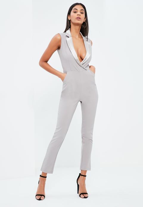 Grey Satin Lapel Sleeveless Blazer Jumpsuit