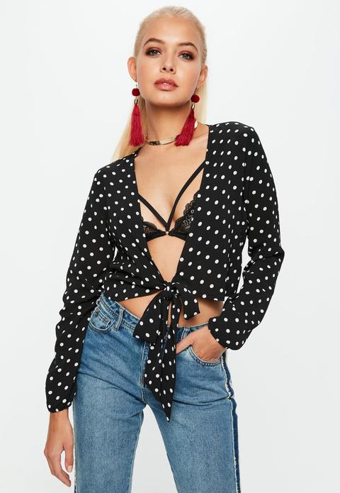 Black Polka Dot Tie Front Crop Top, Black