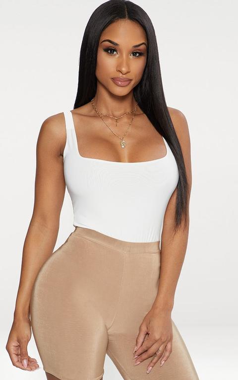 White Second Skin Square Neck Sleeveless Thong Bodysuit, White