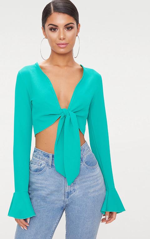 Green Tie Front Frill Sleeve Blouse, Green