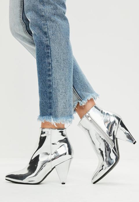 Silver Cone Heel Ankle Boots, Silver