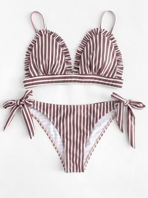 Set De Bikini De Rayas Ribete Fruncido