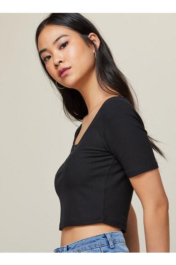 Womens Black Popper Front Crop Top, Black