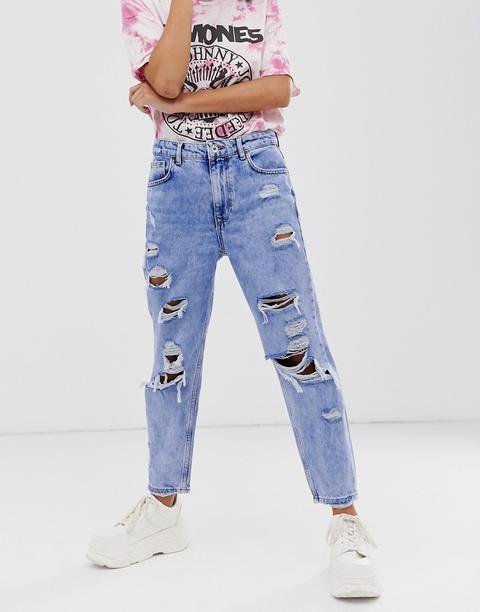 Bershka - Mom Jeans Strappati Blu - Blu